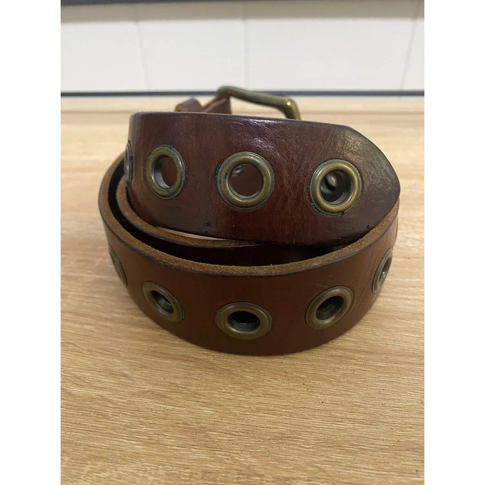 Italian Leather Grommet Belt Unisex Medium Brown Brass Eyelet Y2k Indie Grunge